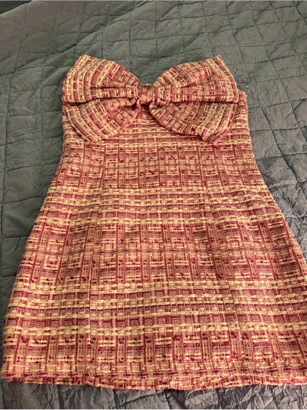 Main Strip Strapless Bow-Front Tweed Mini Dress Womens Large